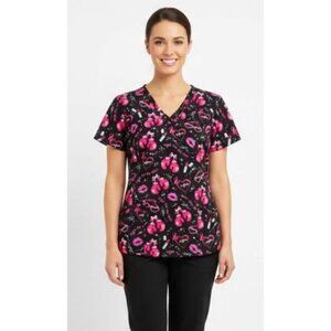 Health Pro MediumWomen's Short Sleeve Scrubs Top - Black and Pink Fighter